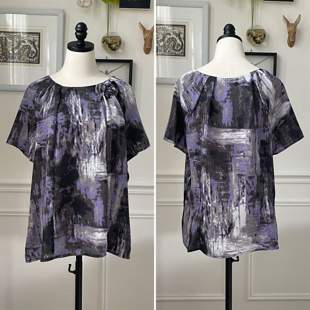 Worthington Purple Grey Black Brushstroke Print Pullover Satin Blouse XL
